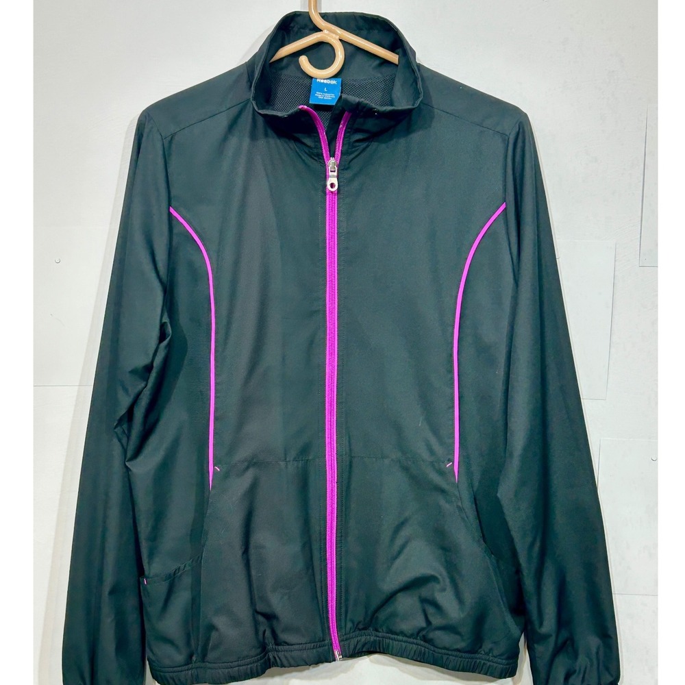 Reebok Track Jacket Large Black Pink Full Zip Mesh Lined